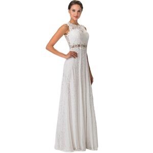 Elizabeth K GLS Collective Women’s White Lace Rhinestone Long Maxi Evening Dress
